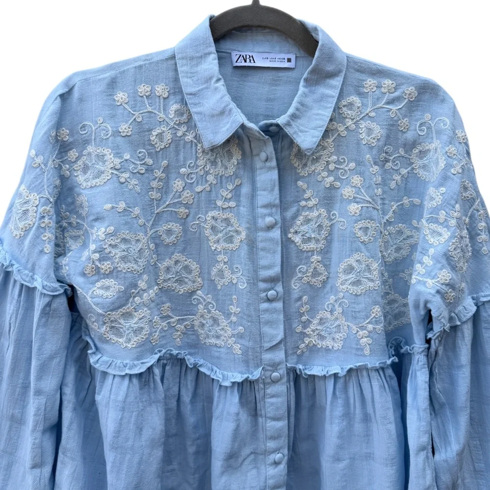 Zara Women’s S Light Blue Floral Embroidered Cotton Pleated Boho Baby Doll Top